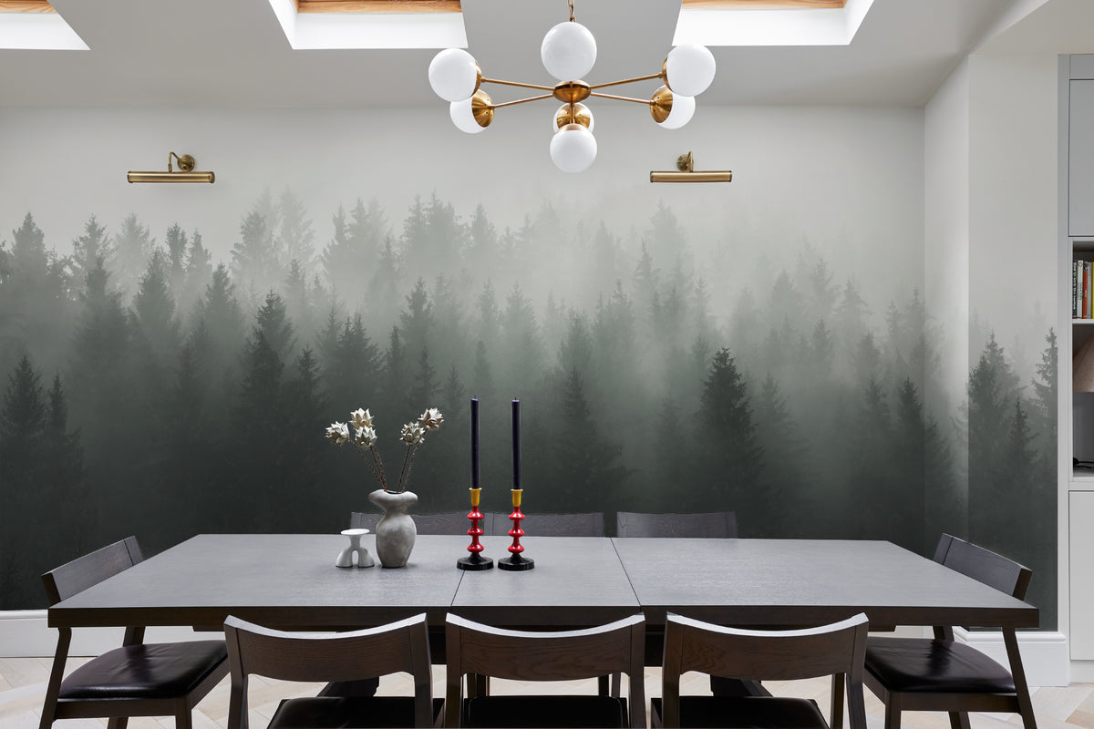 The Nordic Pinewood mural in forest green and mist white behind a dining table