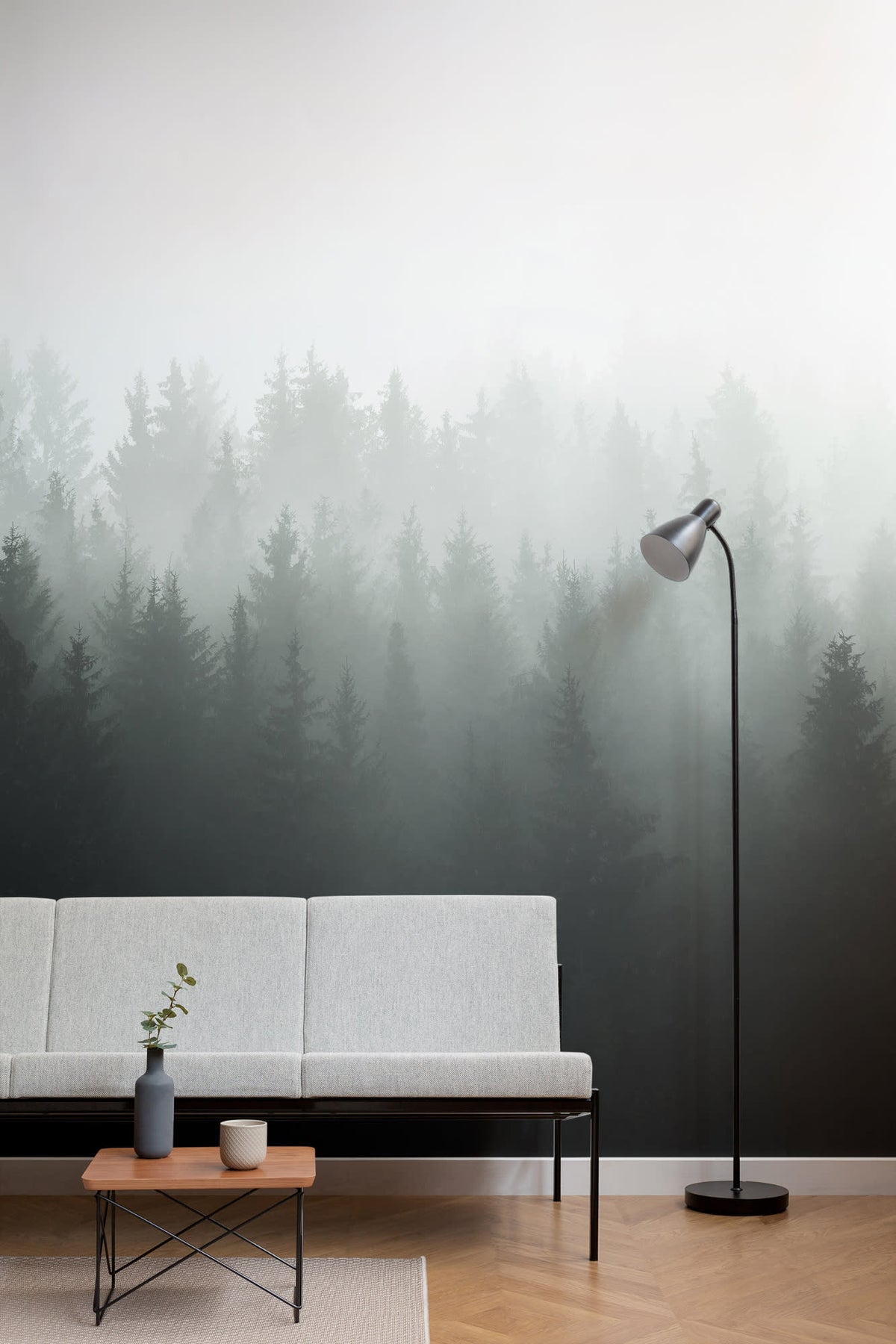 The Nordic Pinewood mural in forest green and mist white behind a styled console
