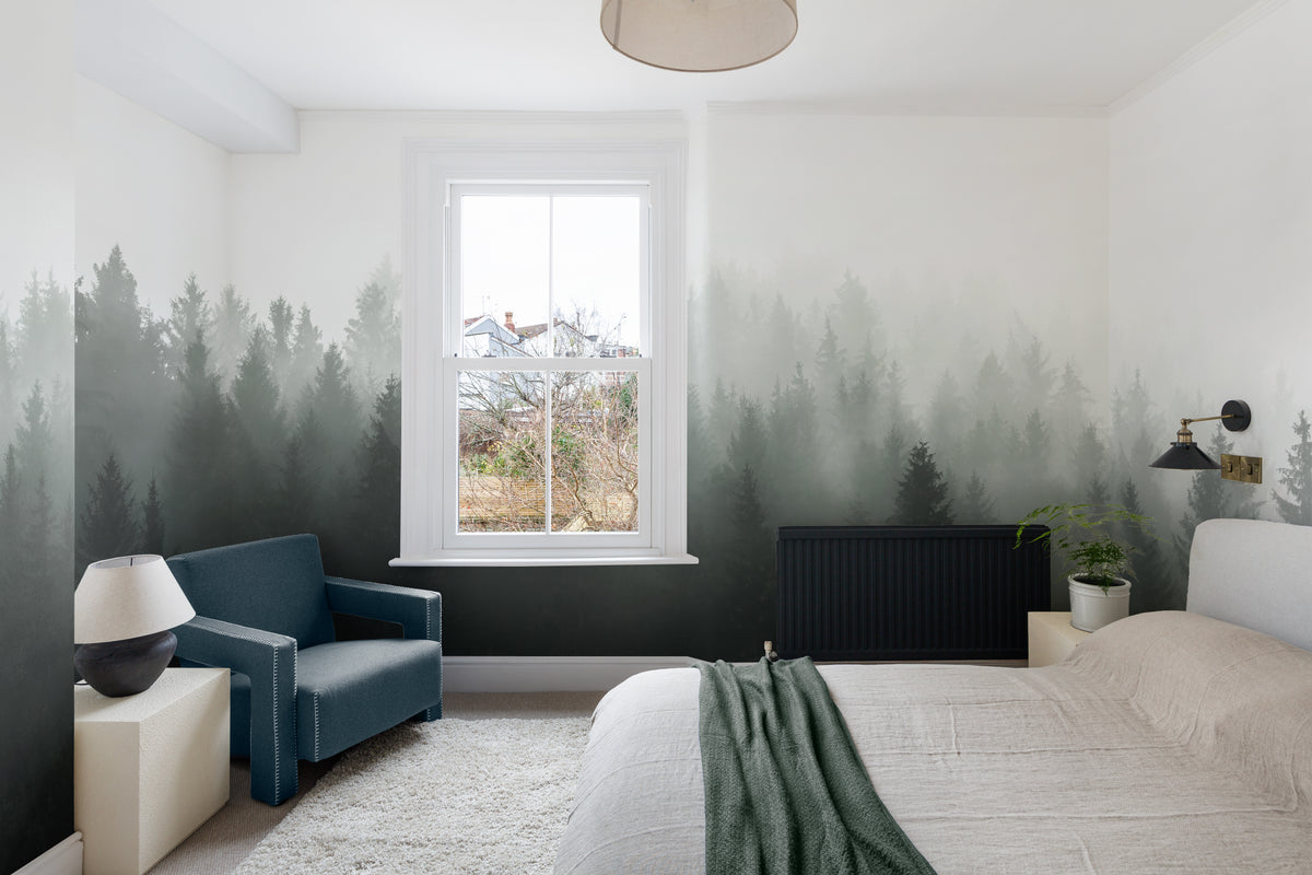 The Nordic Pinewood mural in forest green and mist white in a living room