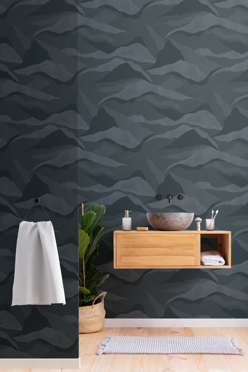 The Northern Ridge wallpaper in deep navy in a kitchen