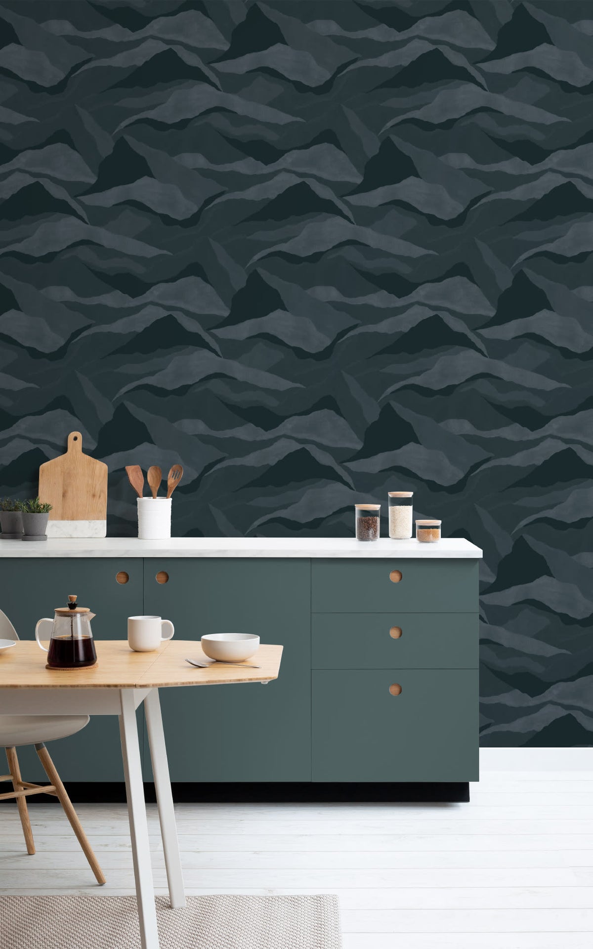 The Northern Ridge wallpaper in deep navy in a kitchen setting, second view