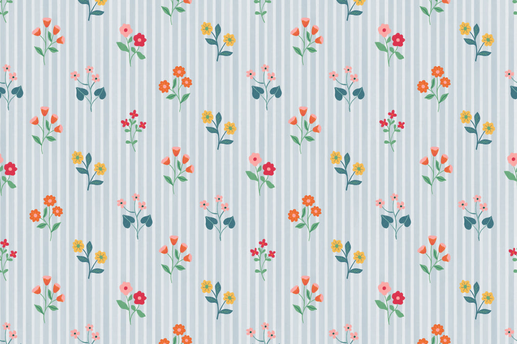 Flat pattern view of The Nosegay Stripe wallpaper in duck egg blue, showing the flower posies on a fine stripe
