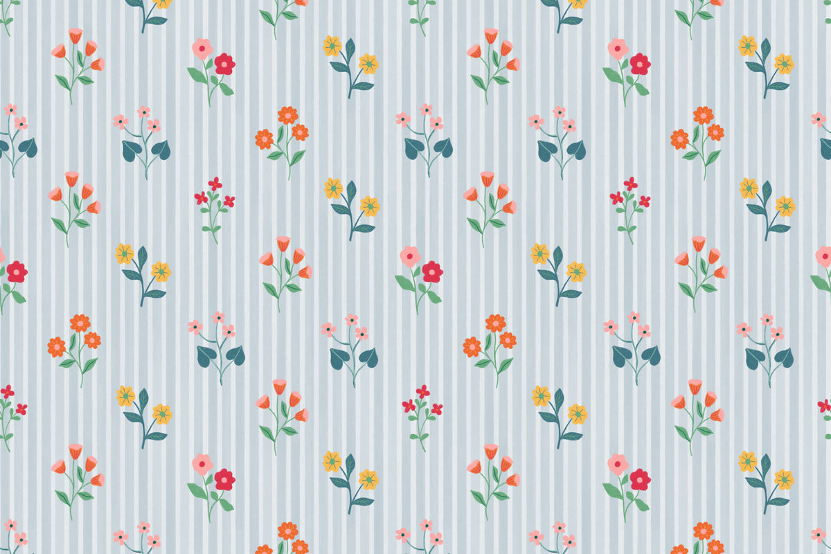 Flat pattern view of The Nosegay Stripe wallpaper in duck egg blue, showing the flower posies on a fine stripe