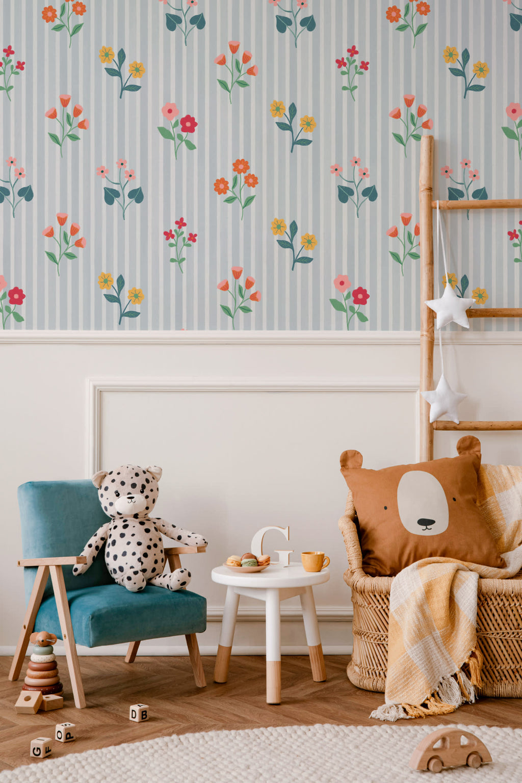 The Nosegay Stripe wallpaper in duck egg blue in a child's bedroom