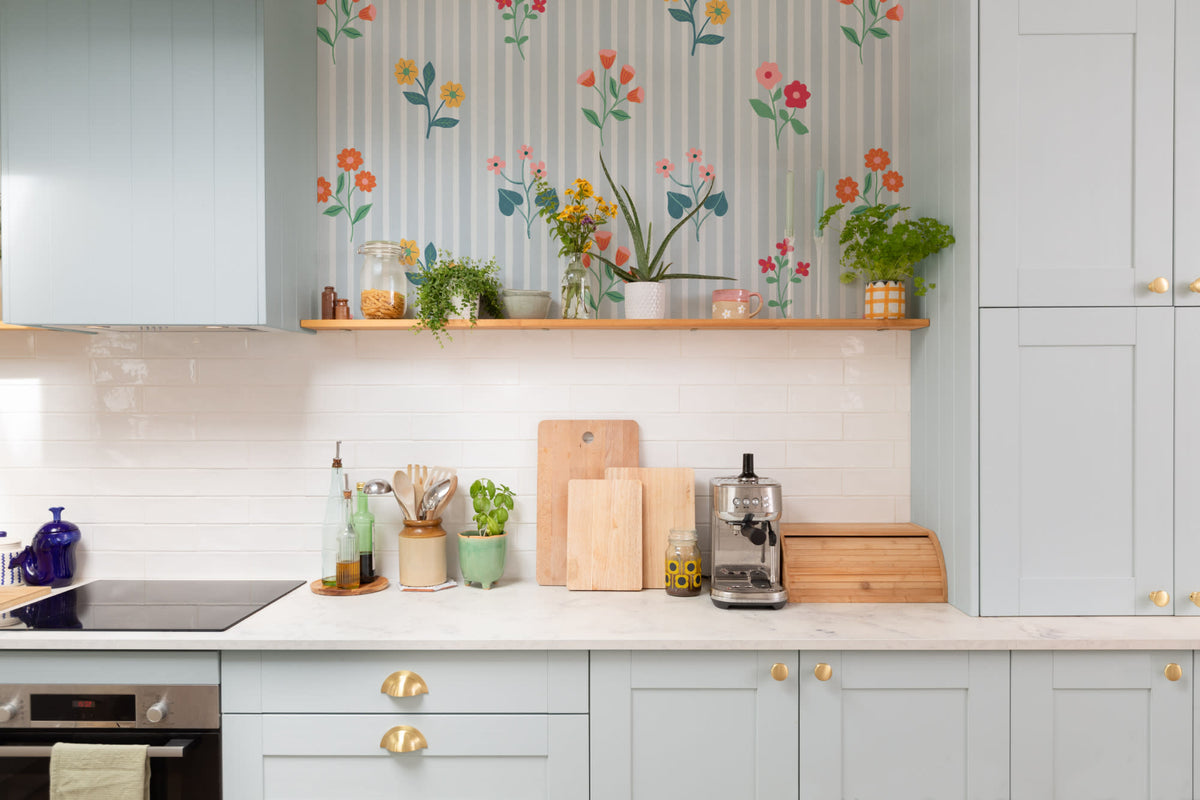 The Nosegay Stripe wallpaper in duck egg blue in a kitchen