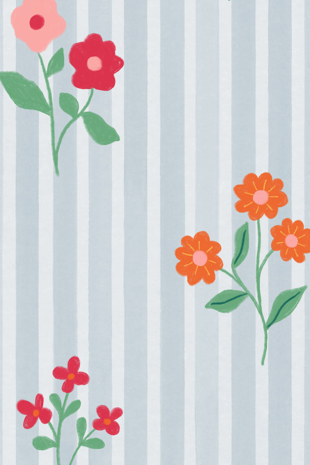 Close-up of The Nosegay Stripe wallpaper in duck egg blue showing the flower posies on a fine stripe in detail