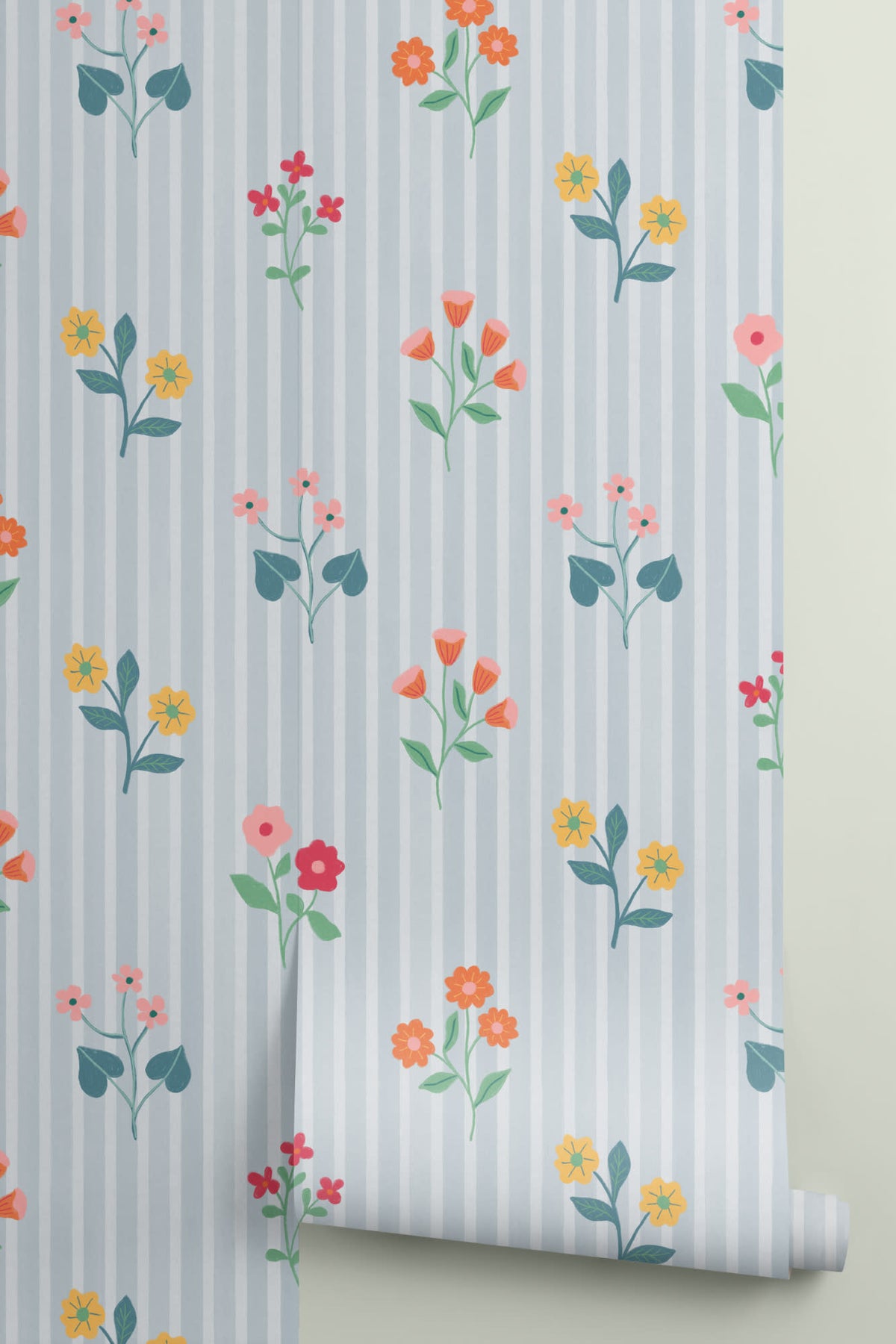 Roll of The Nosegay Stripe wallpaper in duck egg blue