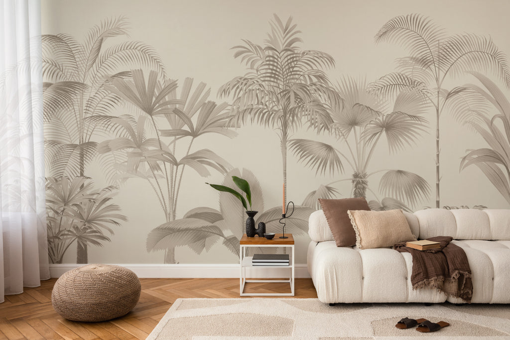 The Oasis Palms mural in sepia and sand in a living room