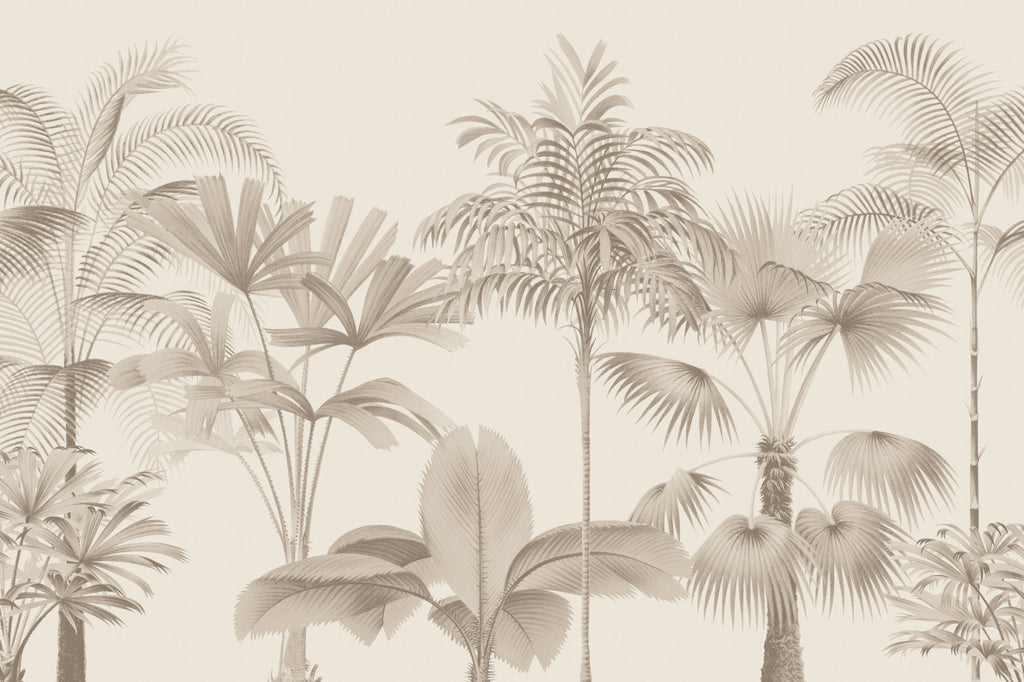 Full artwork view of The Oasis Palms mural in sepia and sand, showing engraved palm grove
