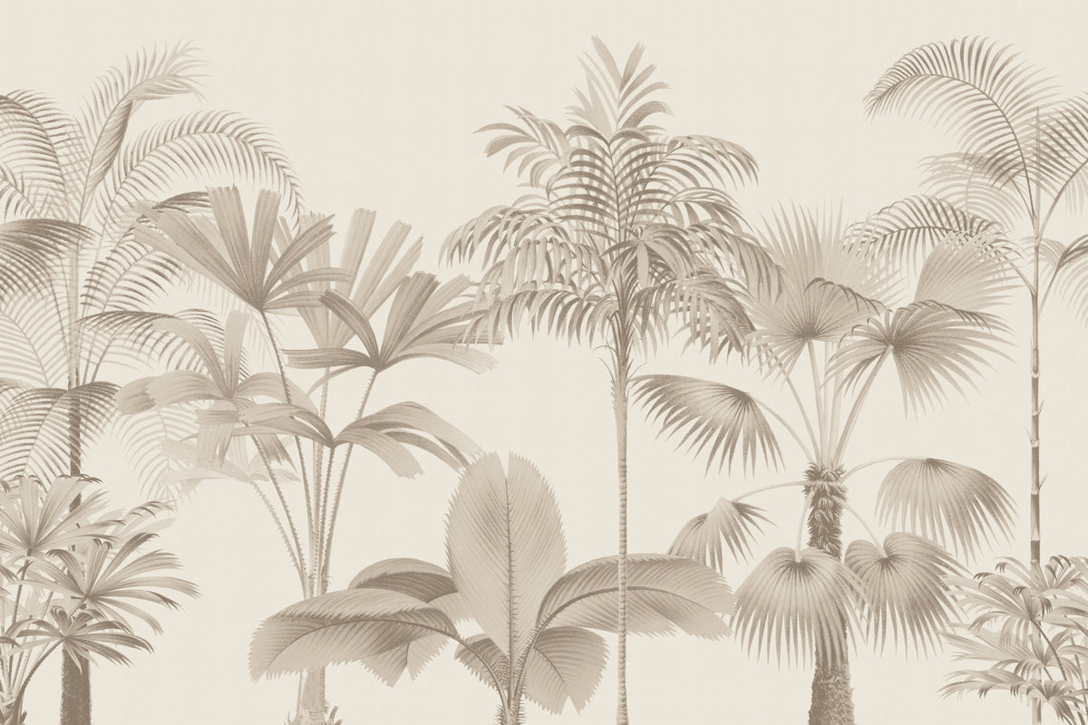 Full artwork view of The Oasis Palms mural in sepia and sand, showing engraved palm grove