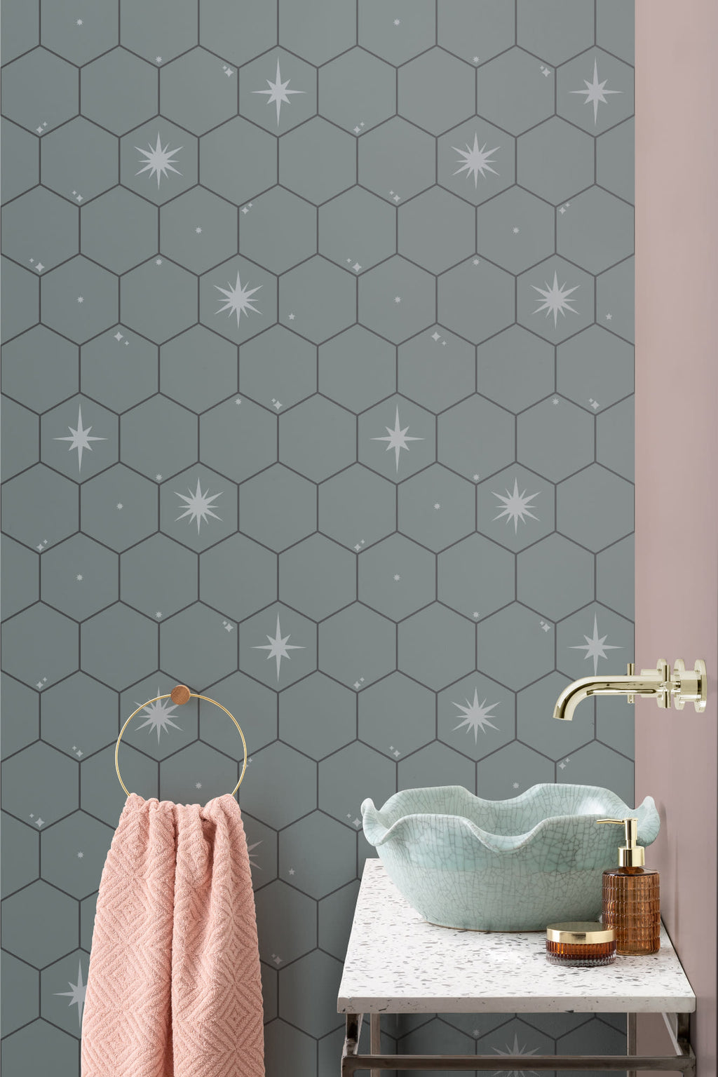 The Observatory Tile wallpaper in slate green in a bathroom