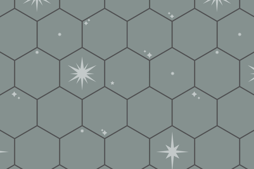 Flat pattern view of The Observatory Tile wallpaper in slate green, showing the starry hexagon tiles