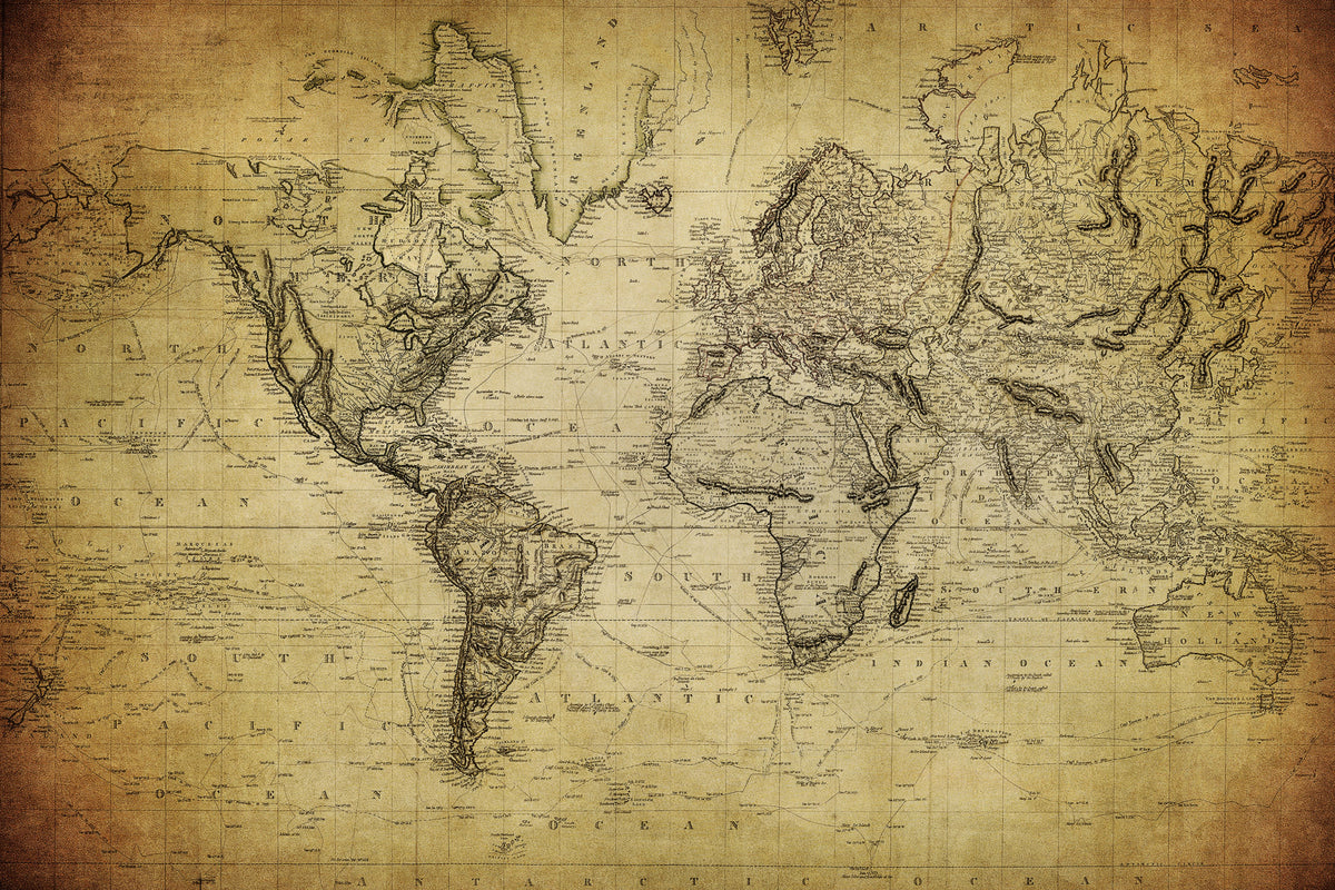 Full artwork view of The Old World Atlas mural in parchment brown, showing antique world map