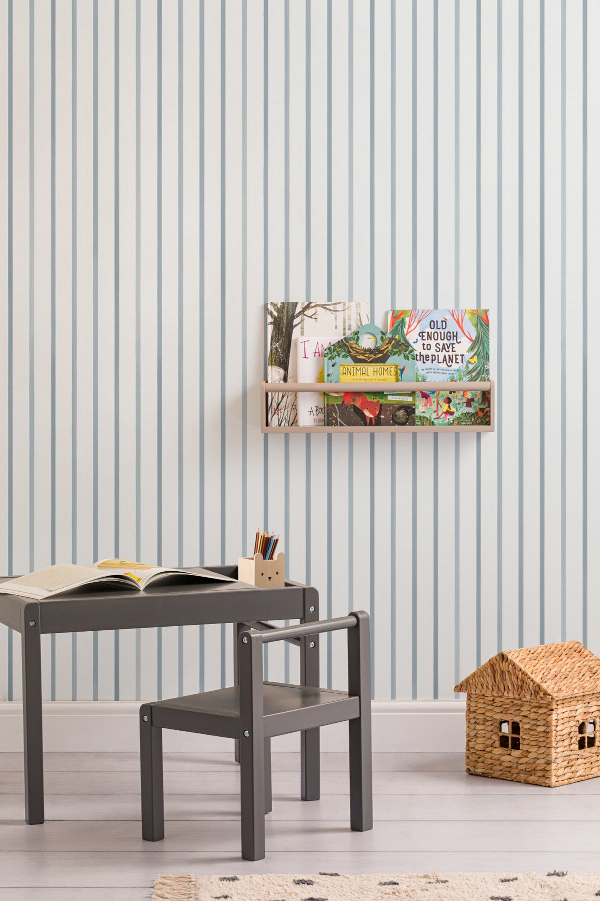 The Oxford Pinstripe mural in chambray blue in a child's bedroom