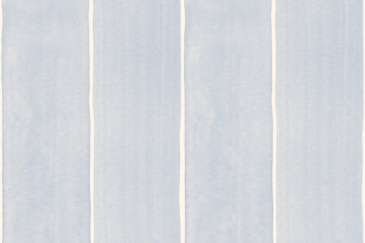 Flat pattern view of The Painted Awning wallpaper in duck egg blue, showing the wide watercolour stripes