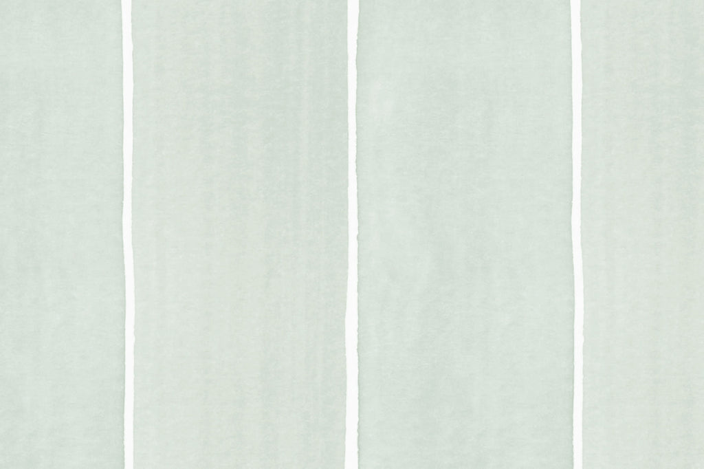 Flat pattern view of The Painted Awning wallpaper in mint sage, showing the wide watercolour stripes