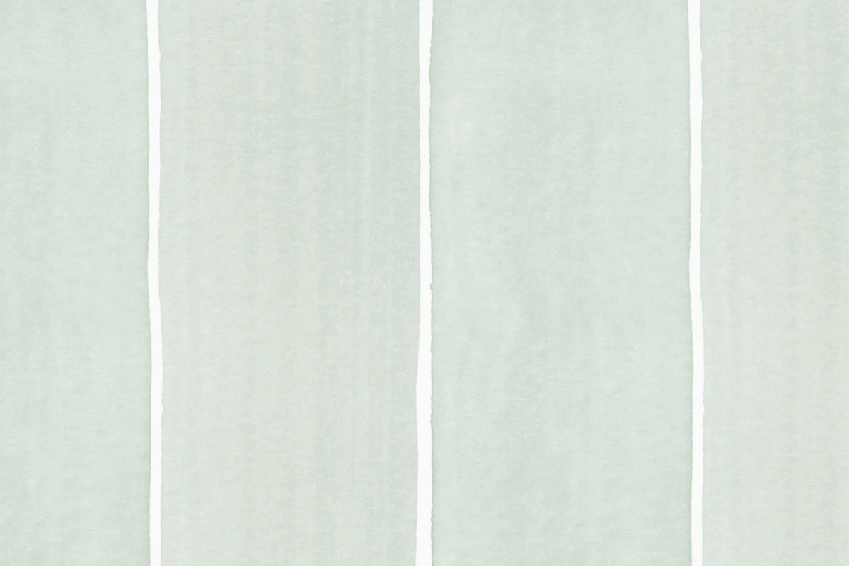 Flat pattern view of The Painted Awning wallpaper in mint sage, showing the wide watercolour stripes