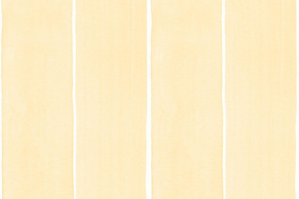 Flat pattern view of The Painted Awning wallpaper in pale primrose, showing the wide watercolour stripes