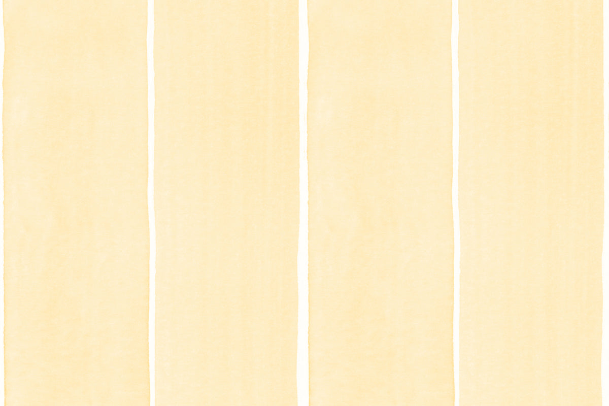 Flat pattern view of The Painted Awning wallpaper in pale primrose, showing the wide watercolour stripes