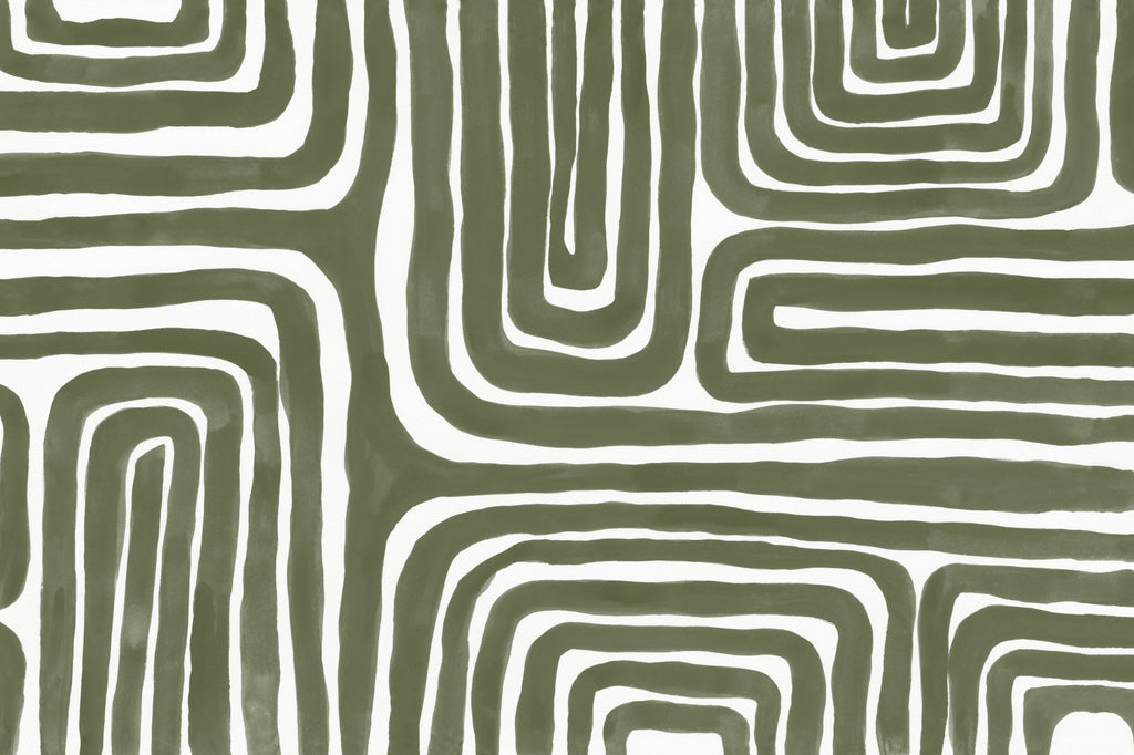 Full artwork view of The Painted Labyrinth mural in olive and cream, showing hand-painted maze lines
