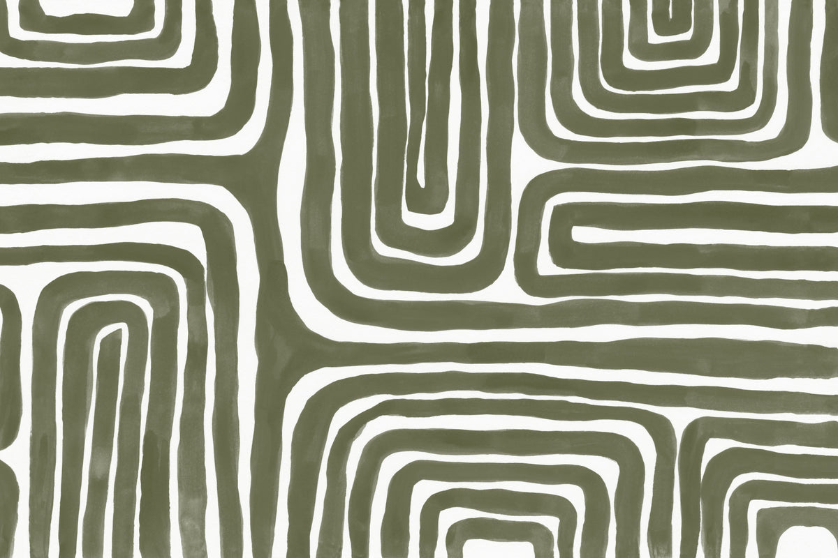 Full artwork view of The Painted Labyrinth mural in olive and cream, showing hand-painted maze lines