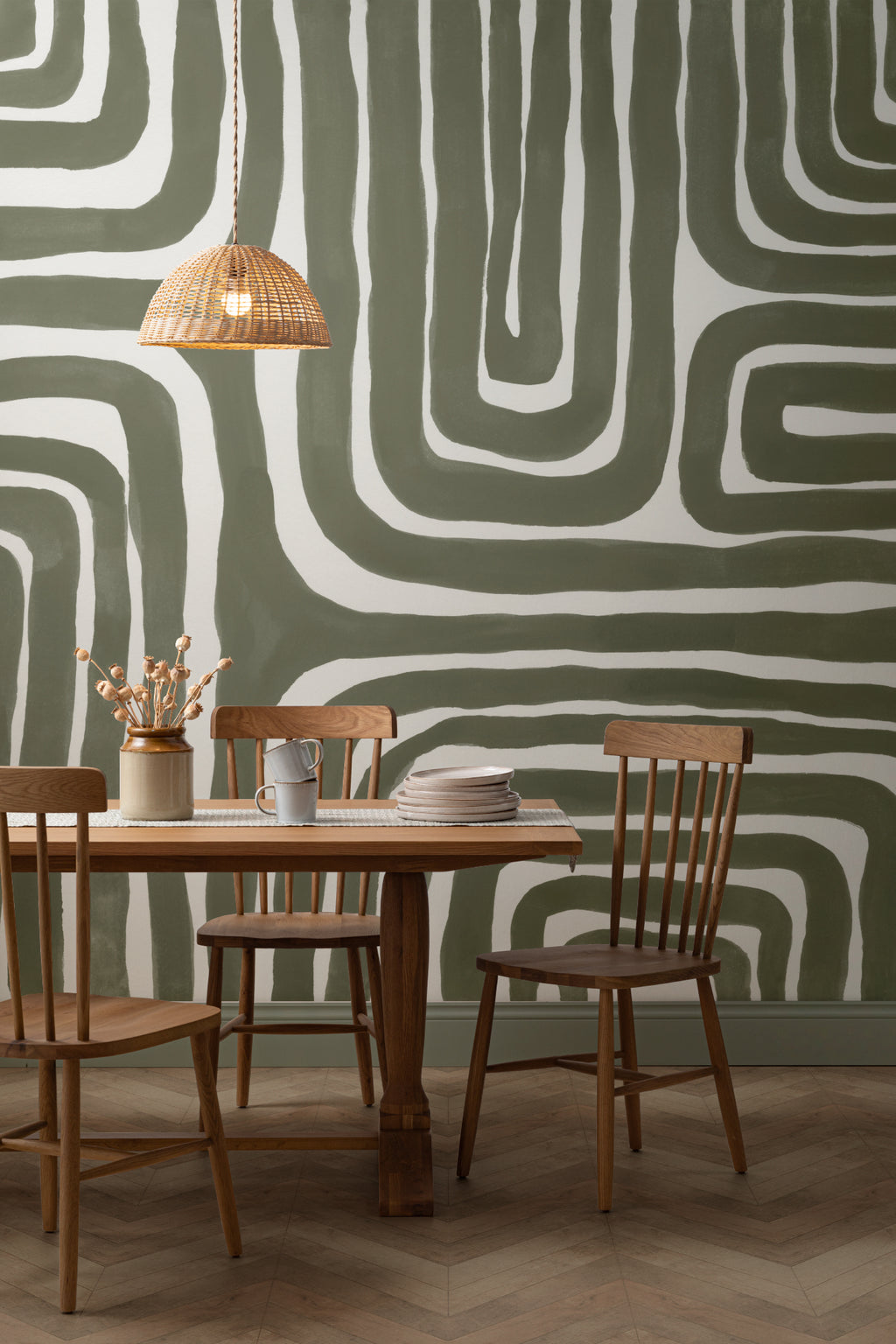 The Painted Labyrinth mural in olive and cream in a dining room