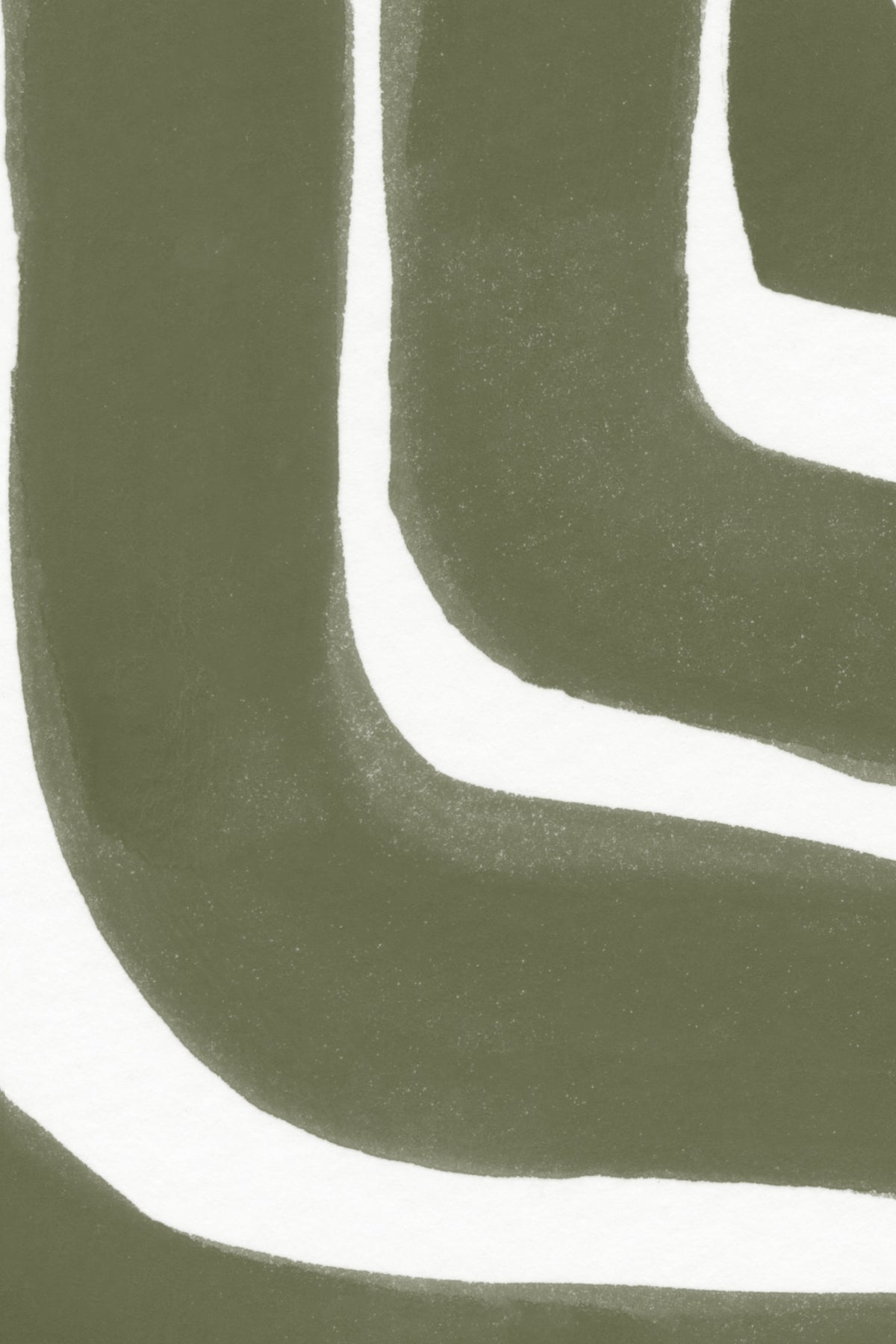 Close-up of The Painted Labyrinth mural in olive and cream showing the hand-painted maze lines in detail