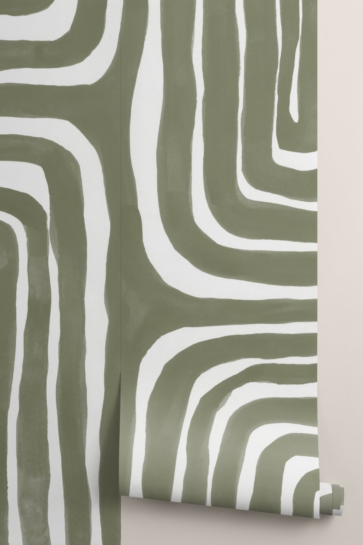 Rolled panel of The Painted Labyrinth mural in olive and cream