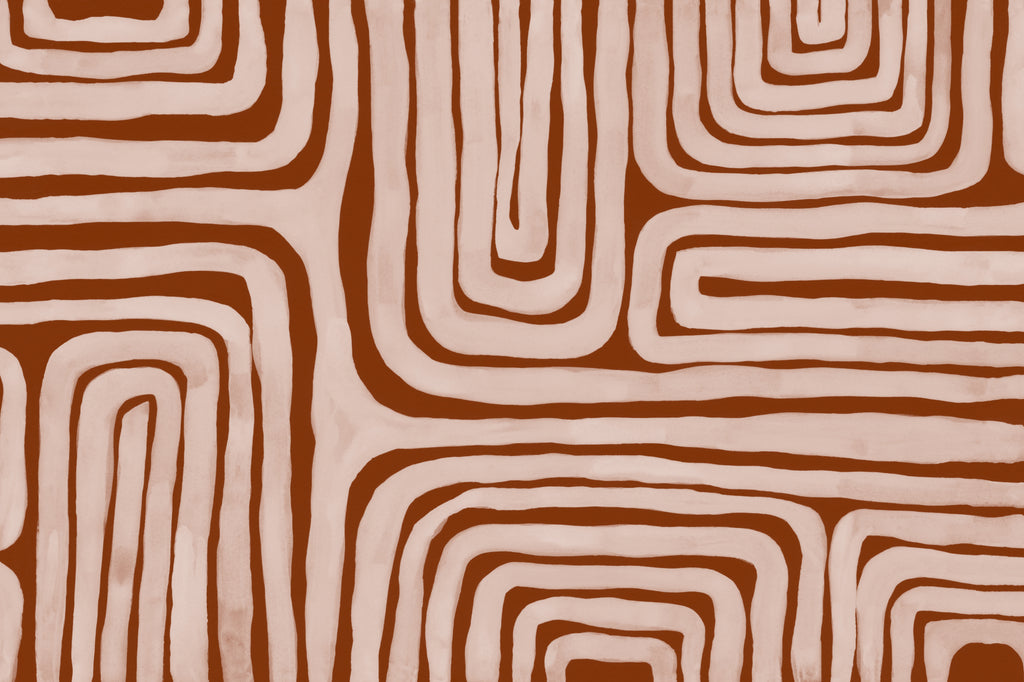 Full artwork view of The Painted Labyrinth mural in terracotta and rose, showing hand-painted maze lines