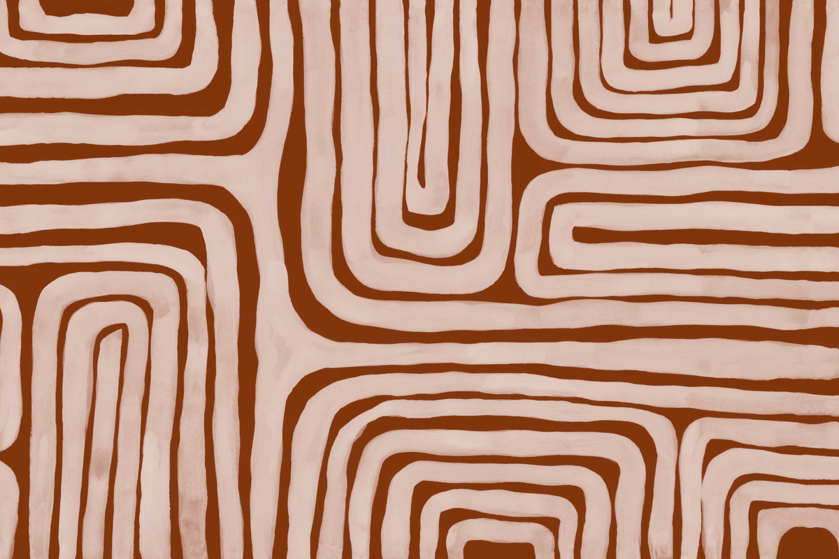 Full artwork view of The Painted Labyrinth mural in terracotta and rose, showing hand-painted maze lines