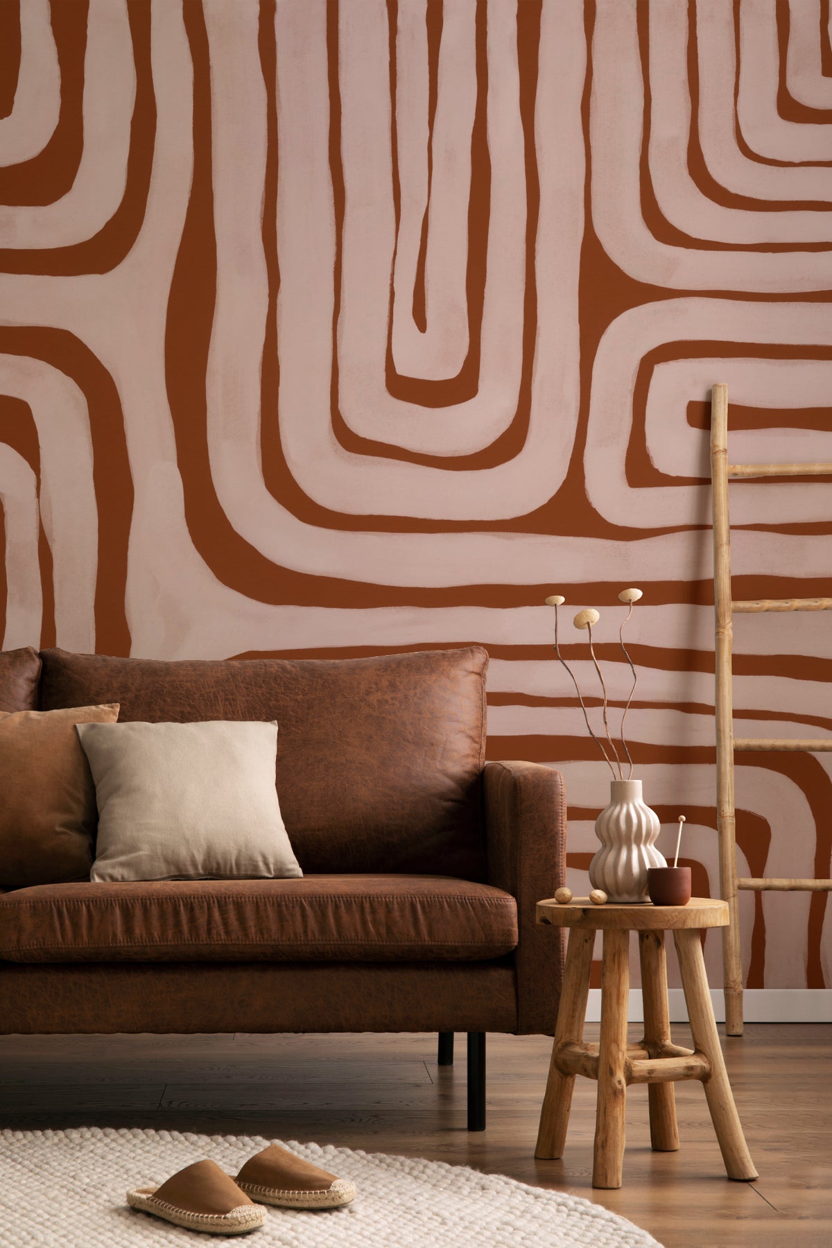 The Painted Labyrinth mural in terracotta and rose in a calm bedroom setting