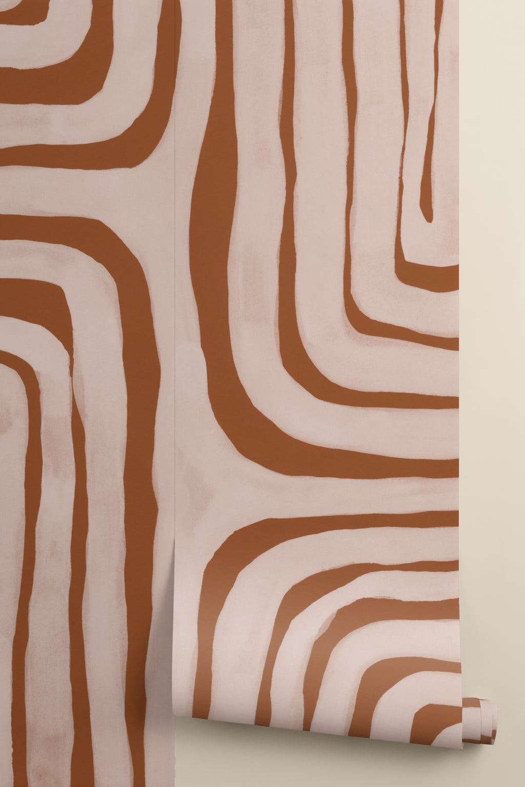 Rolled panel of The Painted Labyrinth mural in terracotta and rose