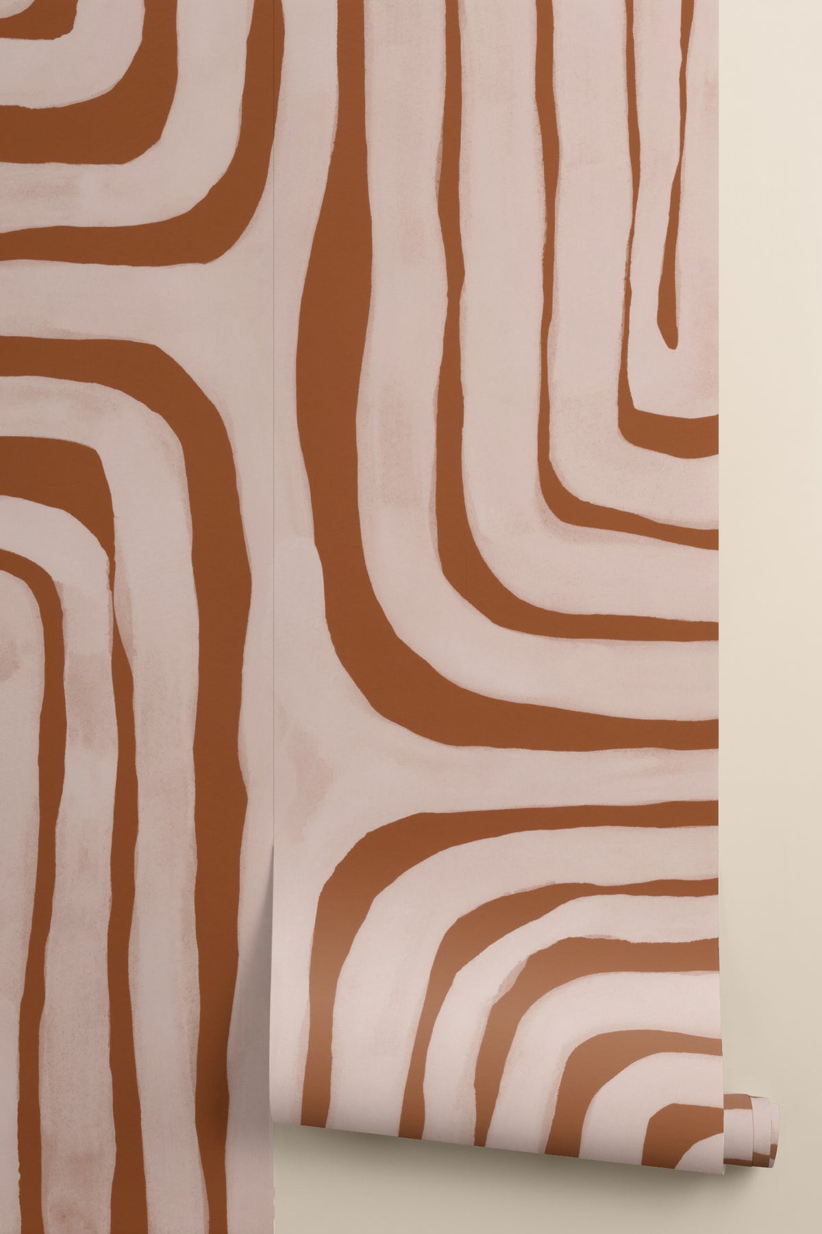 Rolled panel of The Painted Labyrinth mural in terracotta and rose