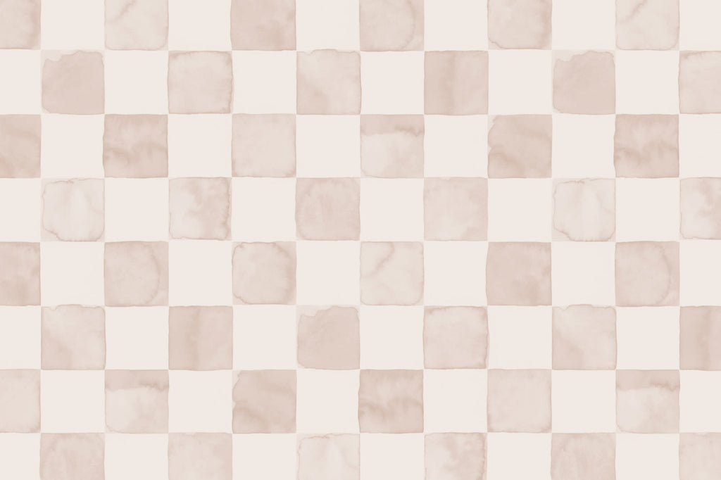 Flat pattern view of The Painted Tiling wallpaper in powder pink, showing the watercolour checks
