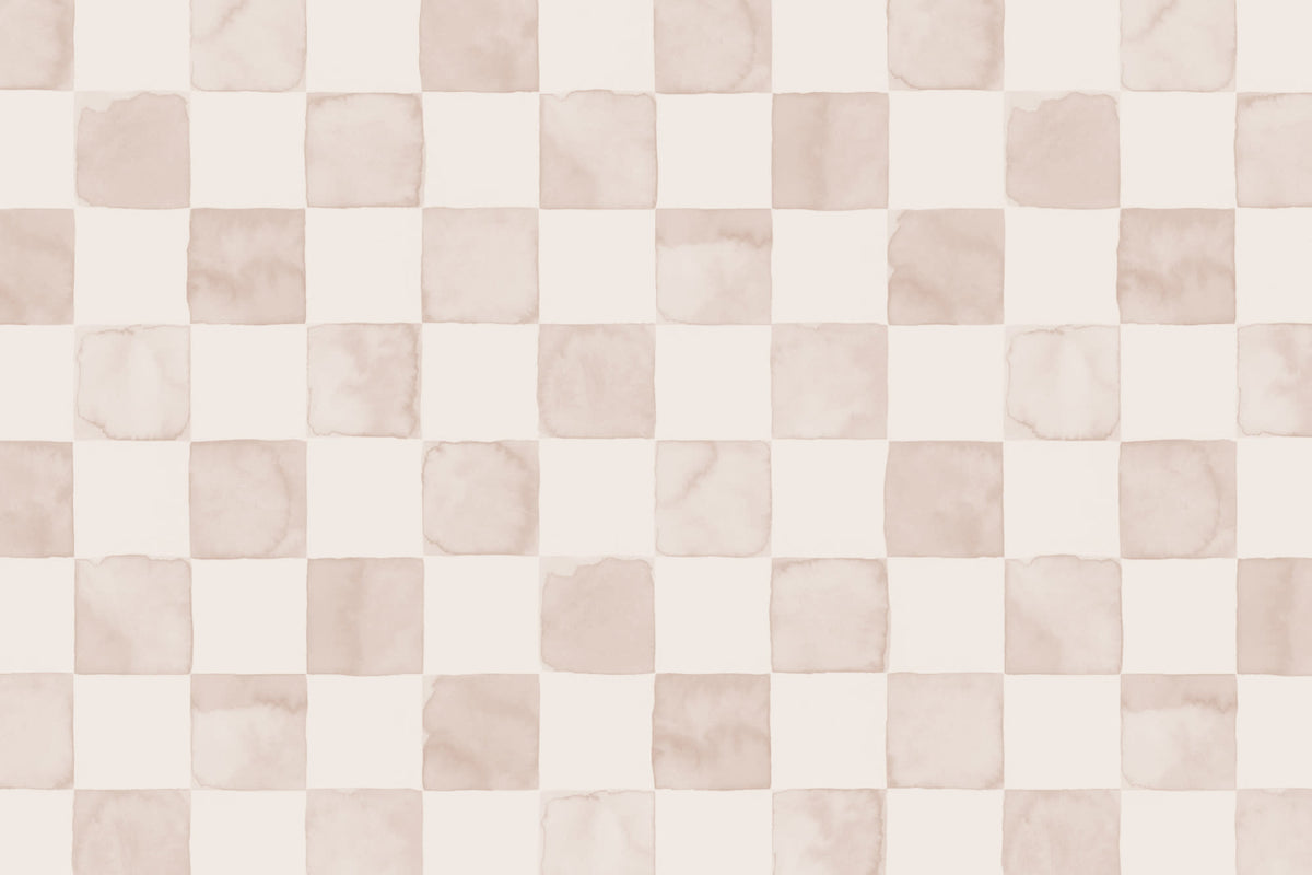Flat pattern view of The Painted Tiling wallpaper in powder pink, showing the watercolour checks