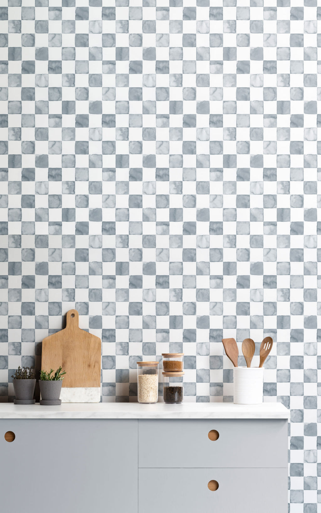 The Painted Tiling wallpaper in slate blue in a kitchen