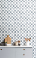 The Painted Tiling wallpaper in slate blue in a kitchen