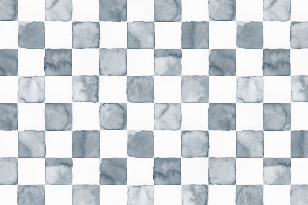 Flat pattern view of The Painted Tiling wallpaper in slate blue, showing the watercolour checks