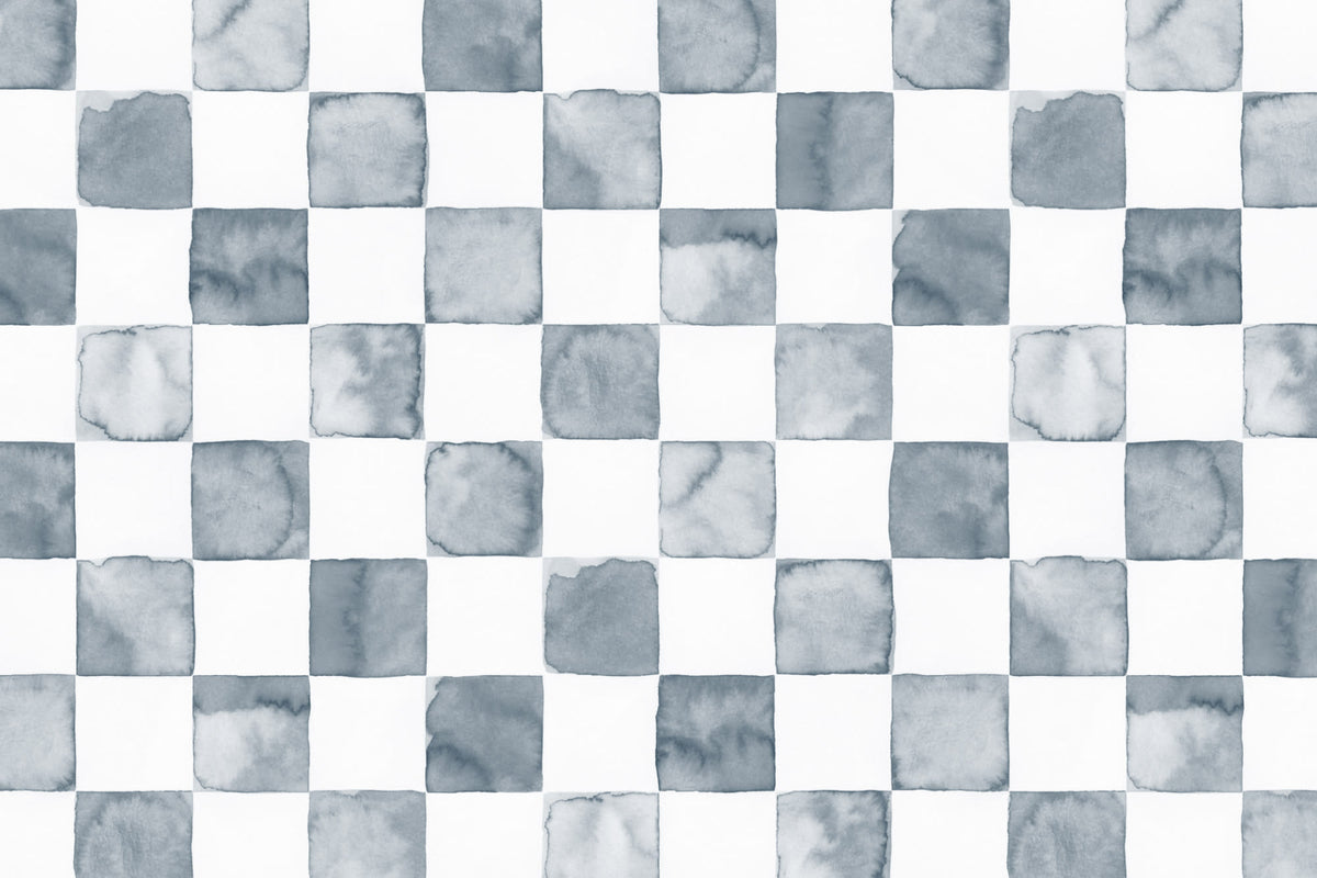 Flat pattern view of The Painted Tiling wallpaper in slate blue, showing the watercolour checks