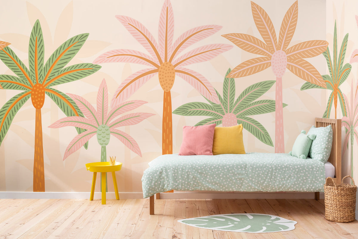 The Palm Boulevard mural in sherbet peach in a child's bedroom