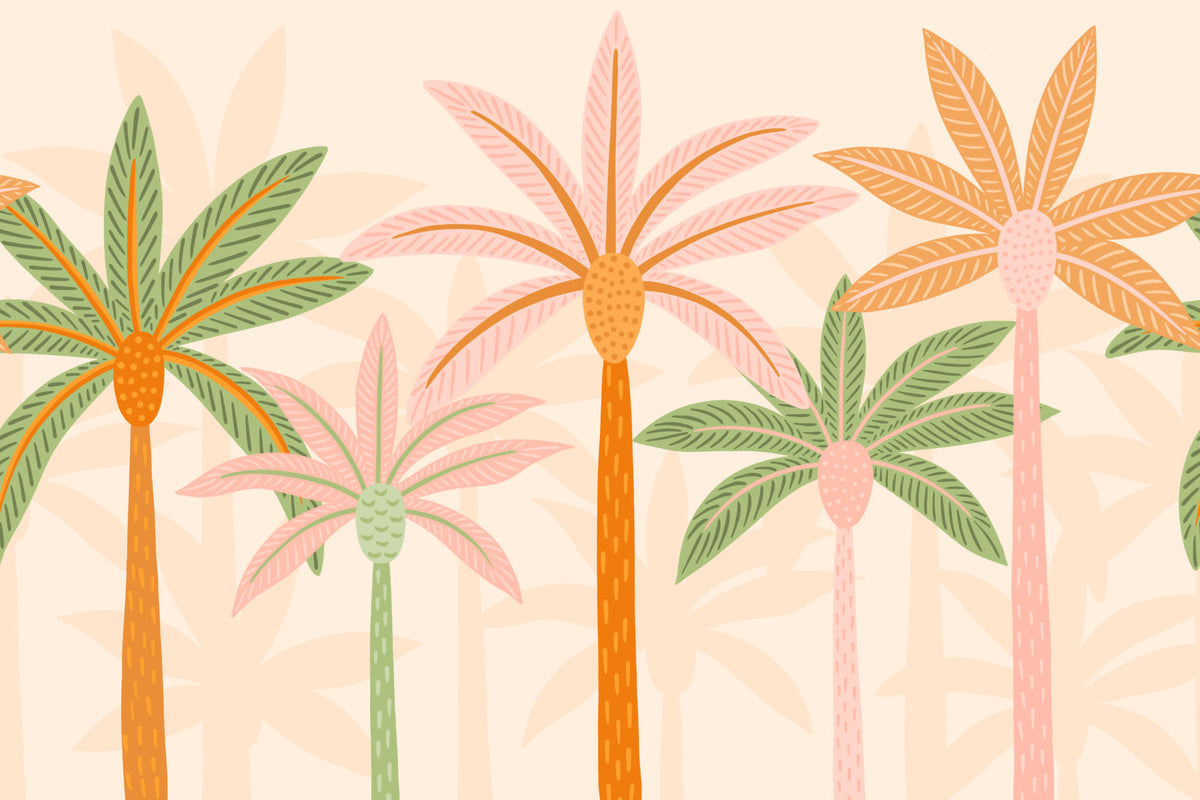 Full artwork view of The Palm Boulevard mural in sherbet peach, showing cartoon palm trees