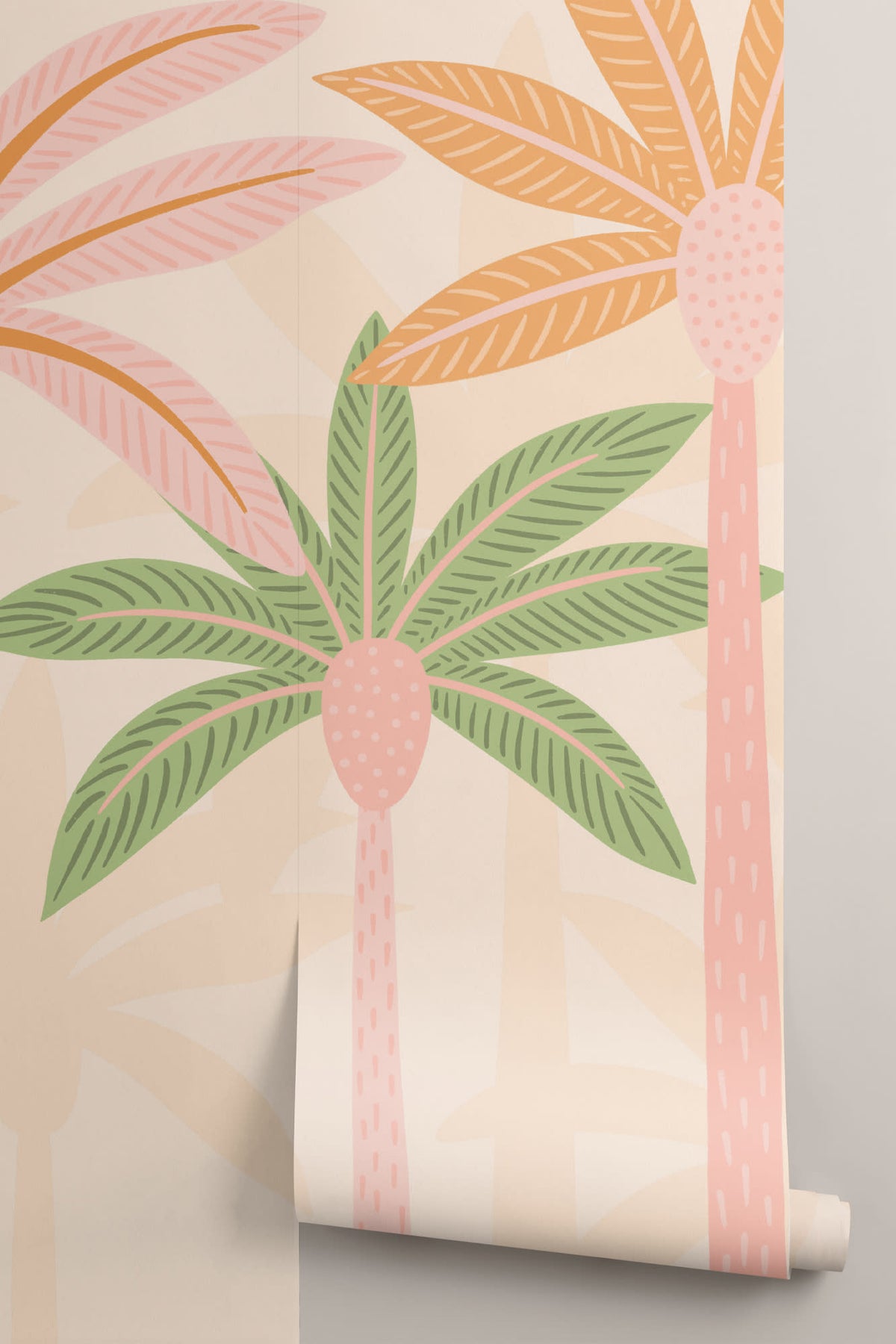 Rolled panel of The Palm Boulevard mural in sherbet peach