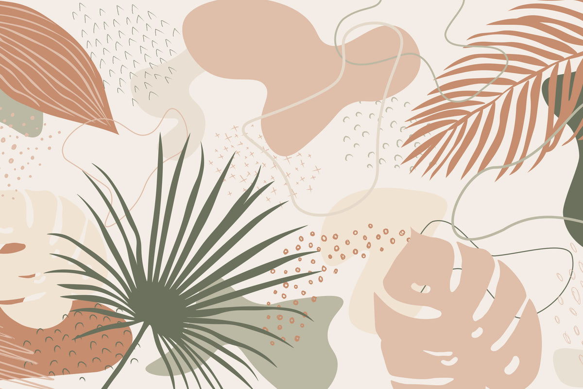 Full artwork view of The Palm Cutout mural in clay pink and sage, showing cut-out palm leaves and shapes