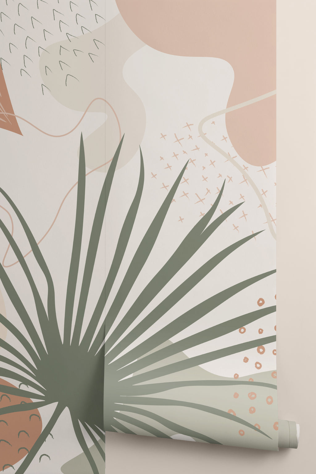 Rolled panel of The Palm Cutout mural in clay pink and sage