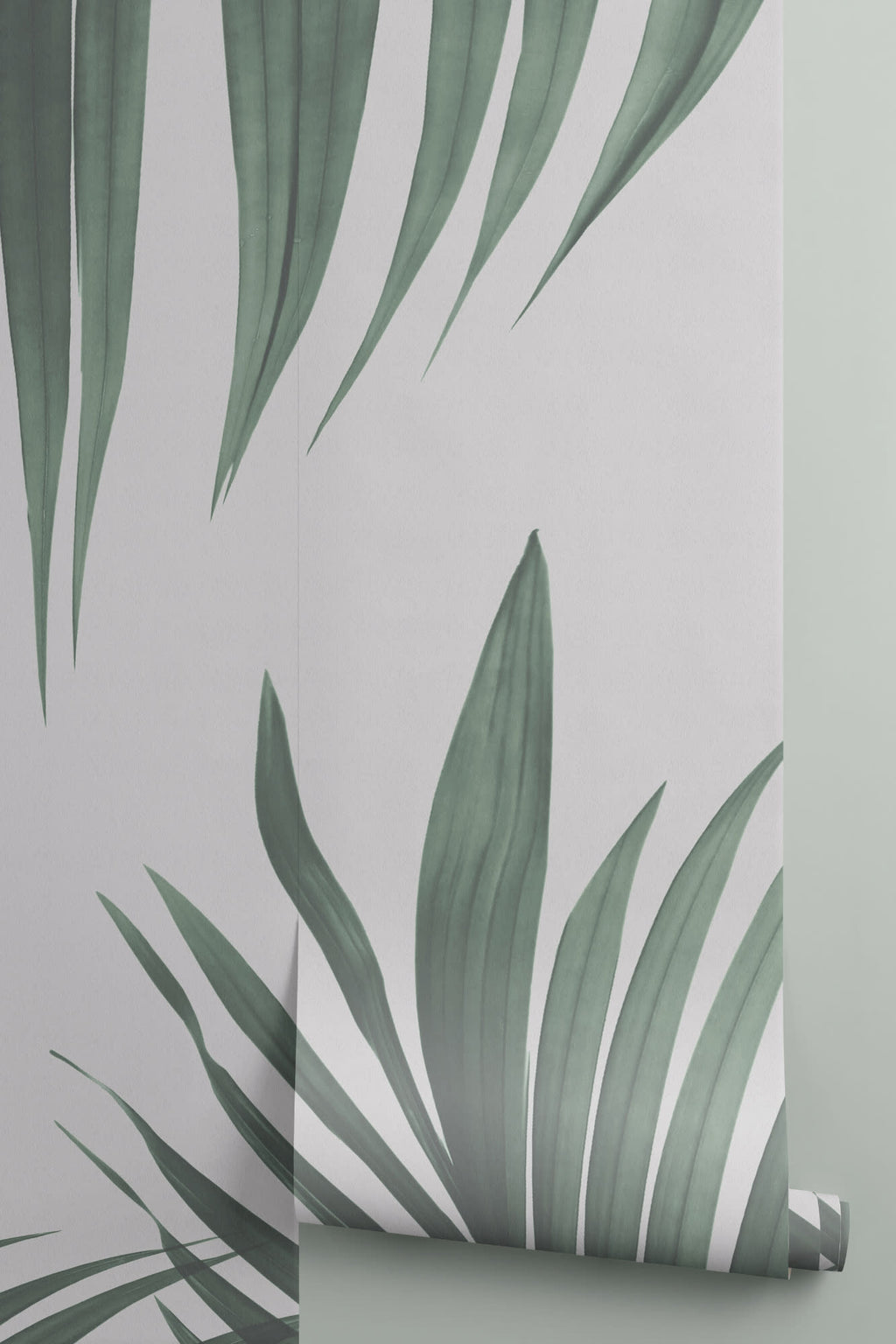 Rolled panel of The Palm Shade mural in palm green and dove grey
