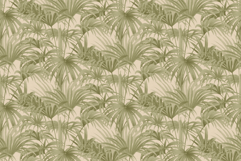 Flat pattern view of The Palmery Walk wallpaper in olive and sand, showing the etched palm fronds