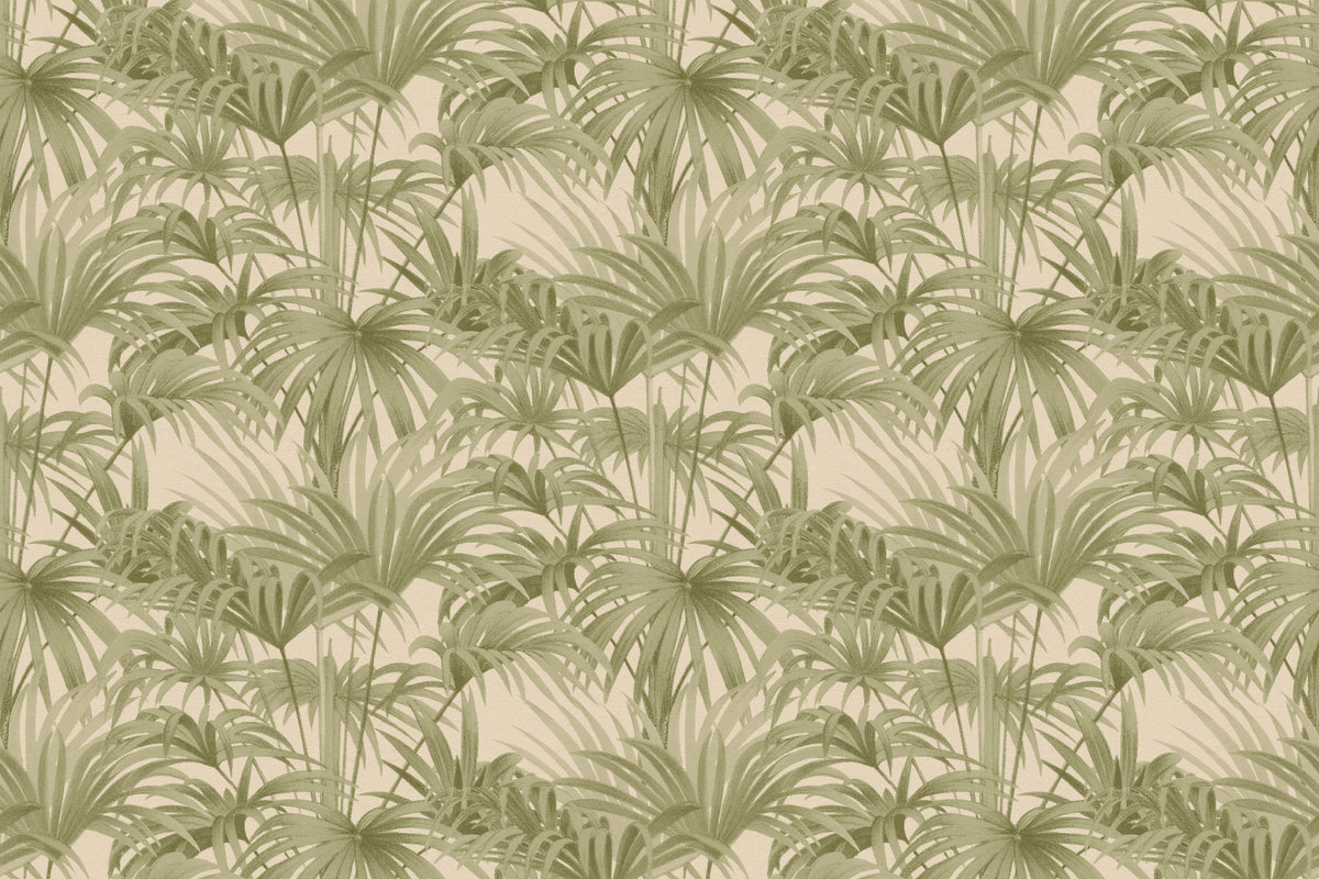 Flat pattern view of The Palmery Walk wallpaper in olive and sand, showing the etched palm fronds