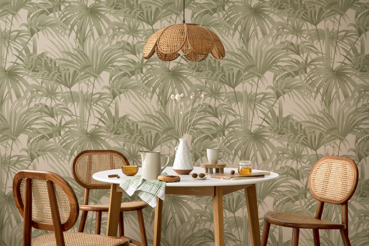 The Palmery Walk wallpaper in olive and sand behind a dining table
