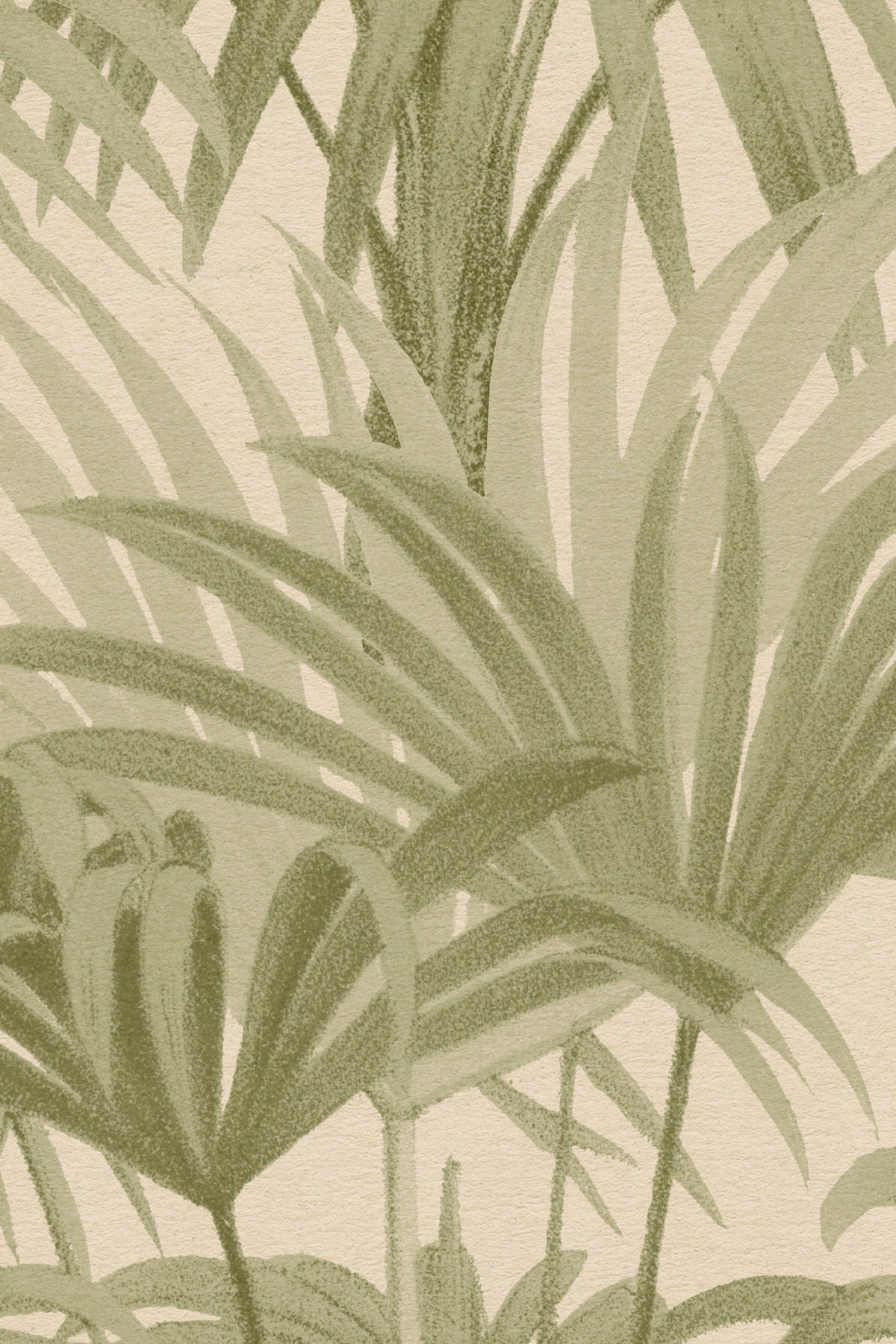 Close-up of The Palmery Walk wallpaper in olive and sand showing the etched palm fronds in detail