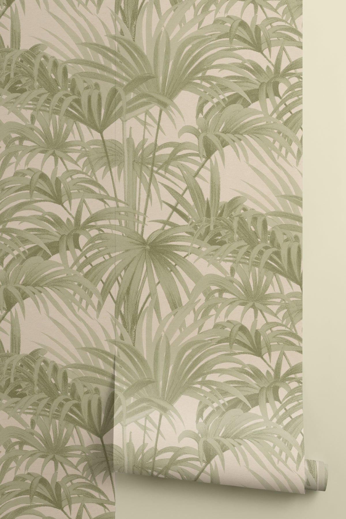 Roll of The Palmery Walk wallpaper in olive and sand
